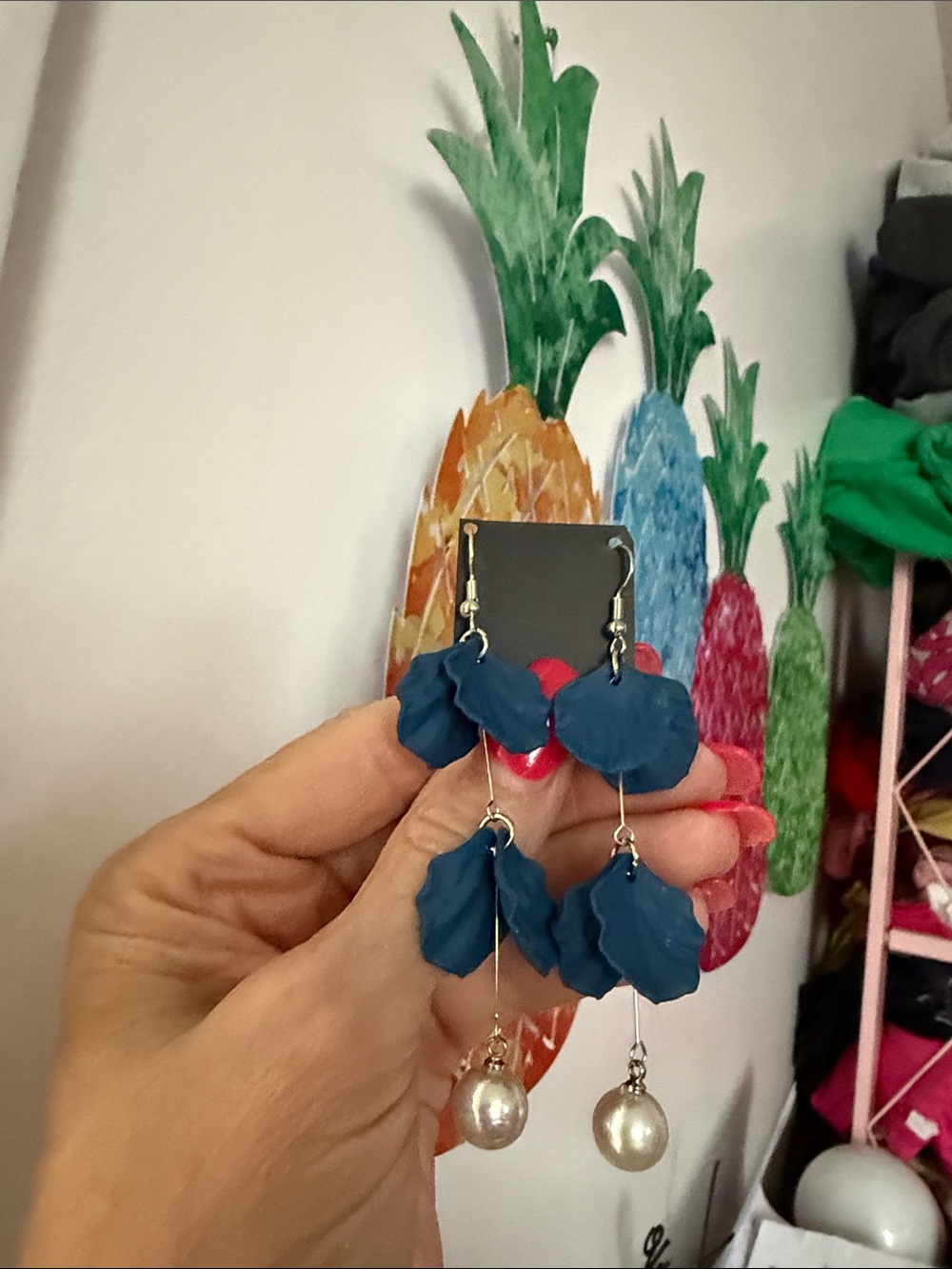 New Handmade Women’s Blue Metal Shell  Drop Earrings with Pearl Accents 3”
